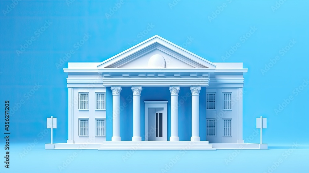 Poster 3d rendering of a classic bank building with columns in a blue background.