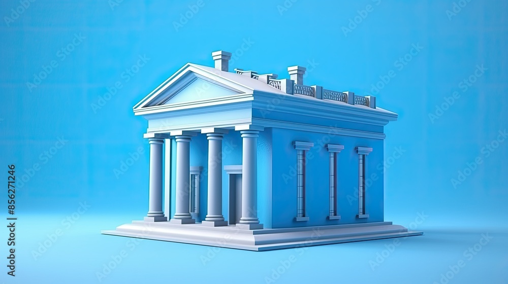 Poster 3d rendering of a classic blue and white building with columns. the building is set against a blue b