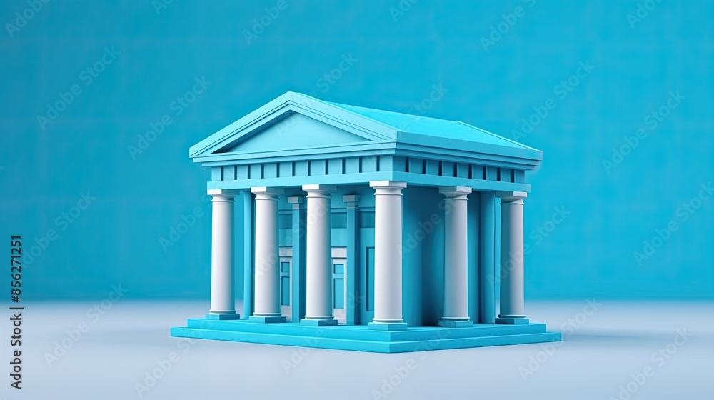 Poster a 3d rendering of a classical greek temple with a blue and white color scheme.