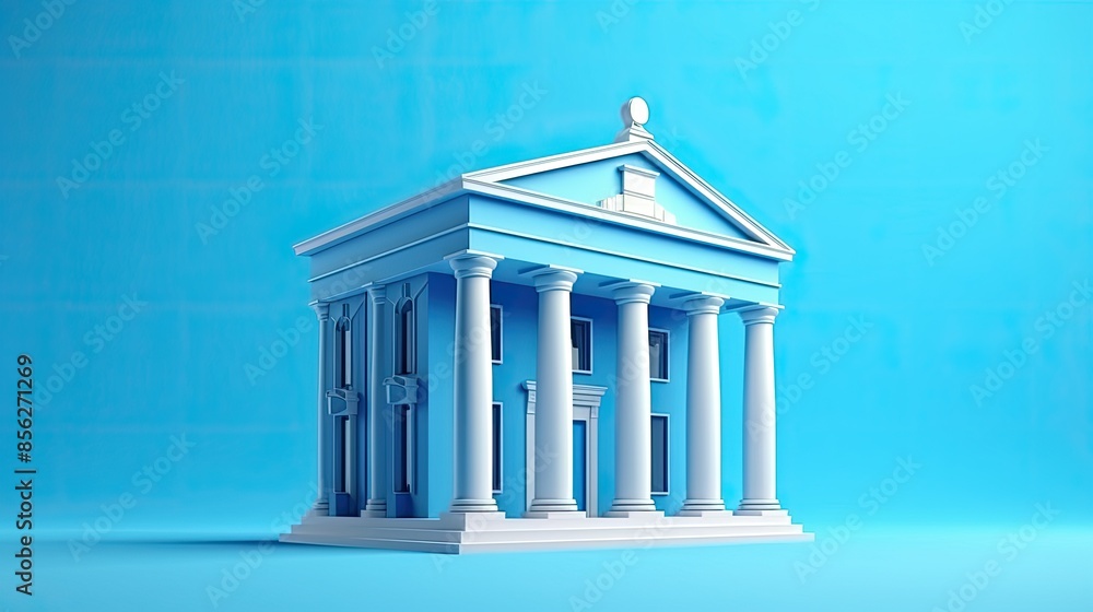 Poster 3d rendering of a classic bank building with white columns against a blue background.
