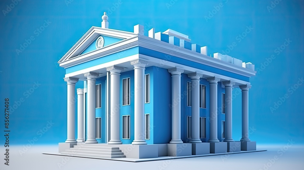 Poster 3d rendering of a classic blue and white building with columns. the building is set against a blue b