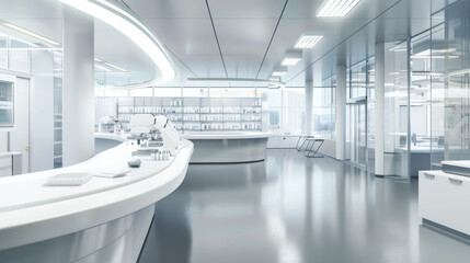 Bright, spacious, and modern laboratory with white fixtures and state-of-the-art equipment organized on countertops, radiating innovation and cleanliness.