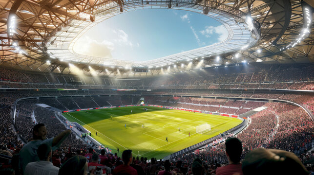 A state-of-the-art soccer stadium, alive with spectators and a thrilling match unfolding on the emerald green field beneath a vast canopy.