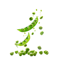 Fresh Green Peas Floating in the Air on White Background. Perfect for health food concepts, vegan cuisine, and organic produce promotions.