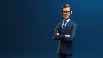 3D rendering of a businessman in a suit and tie. He is wearing glasses and has his arms crossed. He is standing on a blue background.