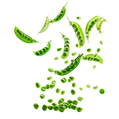 Fresh Green Peas Floating in the Air on White Background. Perfect for health food concepts, vegan cuisine, and organic produce promotions.