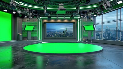 Empty television studio with green screens