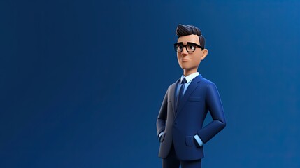 3D rendering of a businessman in a suit and glasses. He is standing with his hands in his pockets and has a confident smile on his face.