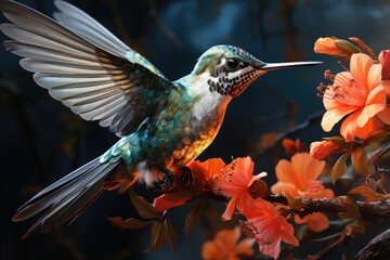 Naklejka premium Hummingbird in flight captures the delicacy of a flower., generative IA