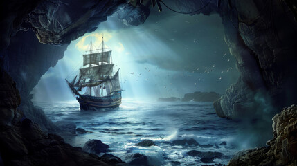 Fototapeta premium A majestic sailing ship emerges from a cave, catching the light as it sails into an open sea under a luminous sky.