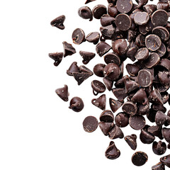 Obraz premium Dark Chocolate chips on white background, Chocolate chips scattered in air, floating chocolate chips