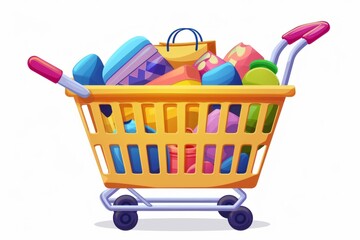 Colorful shopping cart filled with various products