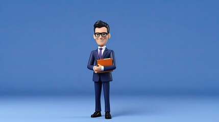 3D rendering of a businessman in a suit and tie holding a folder. He is smiling and looking at the camera. The background is a blue gradient.