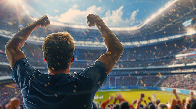 An enthusiastic fan cheers with raised fists in a packed stadium, celebrating the thrilling atmosphere of a live sports event under a sunny sky.