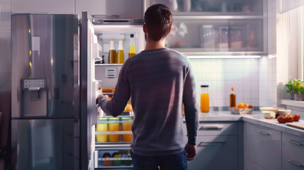 A man stands by an open refrigerator in a modern kitchen, contemplating his options for a meal amidst an organized array of fresh foods and drinks.