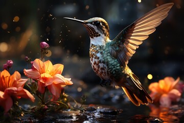 Fototapeta premium Hummingbird dance between sparkling flowers in Radiant Garden., generative IA