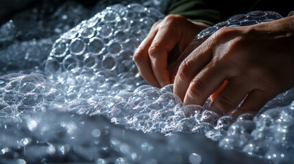 Fototapeta premium Hands slowly popping the bubbles on a sheet of bubble wrap