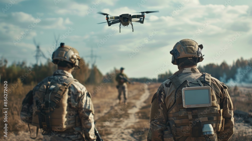 Wall mural A soldier drone operator launches a drone for reconnaissance of the territory. Modern soldiers operations during warfare. Drone operators on the battlefields