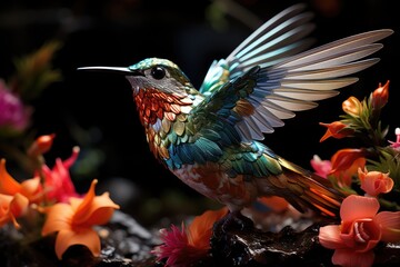 Fototapeta premium Hummingbird Dance between exotic flowers in Garden Enchanted., generative IA