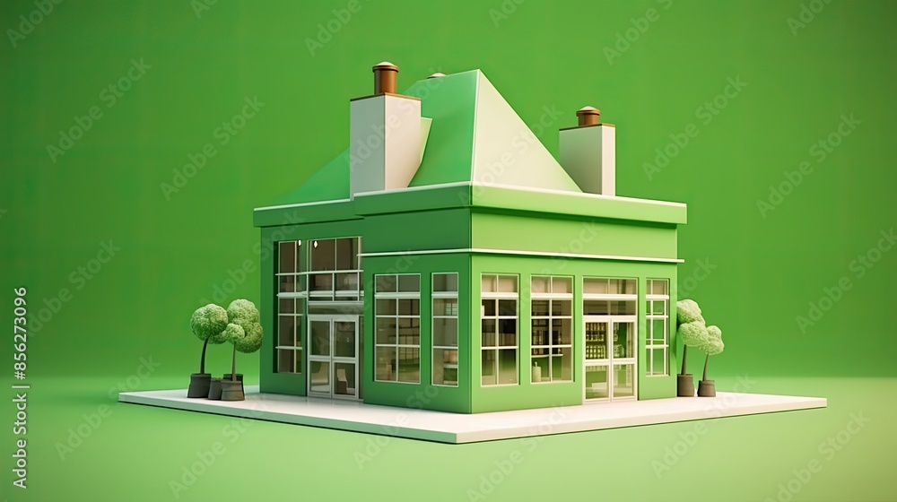 Poster a 3d rendering of a small green house with a white roof. the house has two large windows and a door 