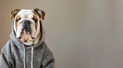 English bulldog in gray flannel sweatsuit with space for text