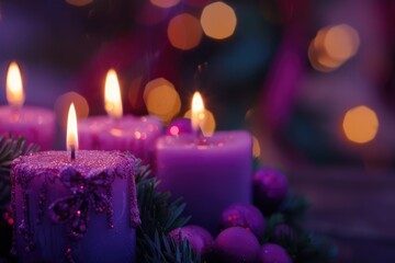 Advent Candles Burning In The Dark With Purple Glitter On Flames And Abstract Defocused Lights
