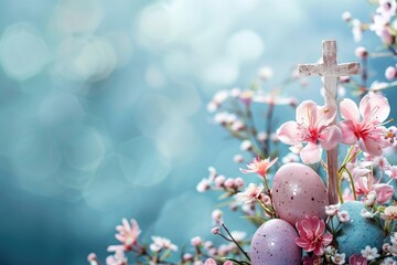Easter holiday banner with flower cross and eggs on blue background