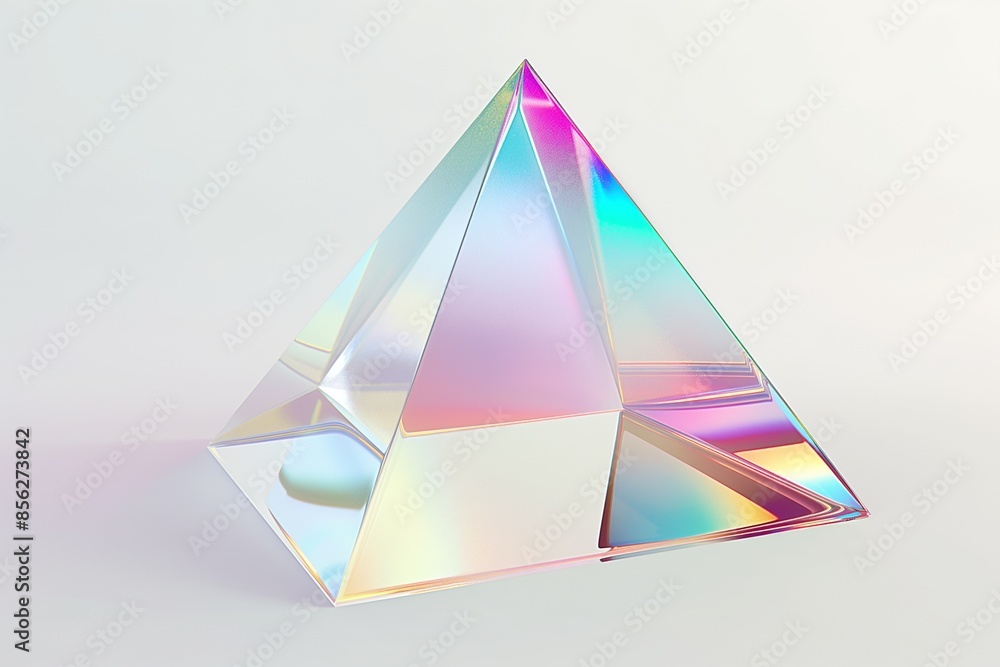 Aufkleber futuristic 3d rendering of an iridescent glass pyramid floating on a clean white background, emphasi