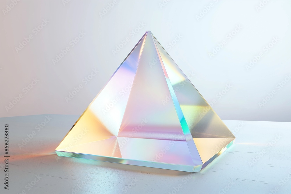Poster futuristic 3d rendering of an iridescent glass pyramid floating on a clean white background, emphasi