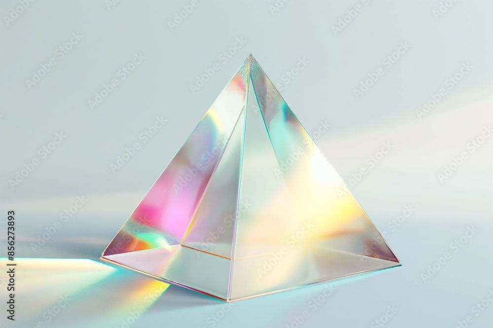 Poster futuristic 3d rendering of an iridescent glass pyramid floating on a clean white background, emphasi