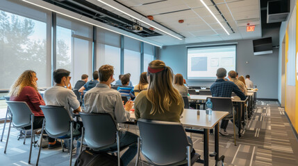 Obraz premium A diverse group of students in a classroom setting, attentively listening to a presentation being projected on a screen.