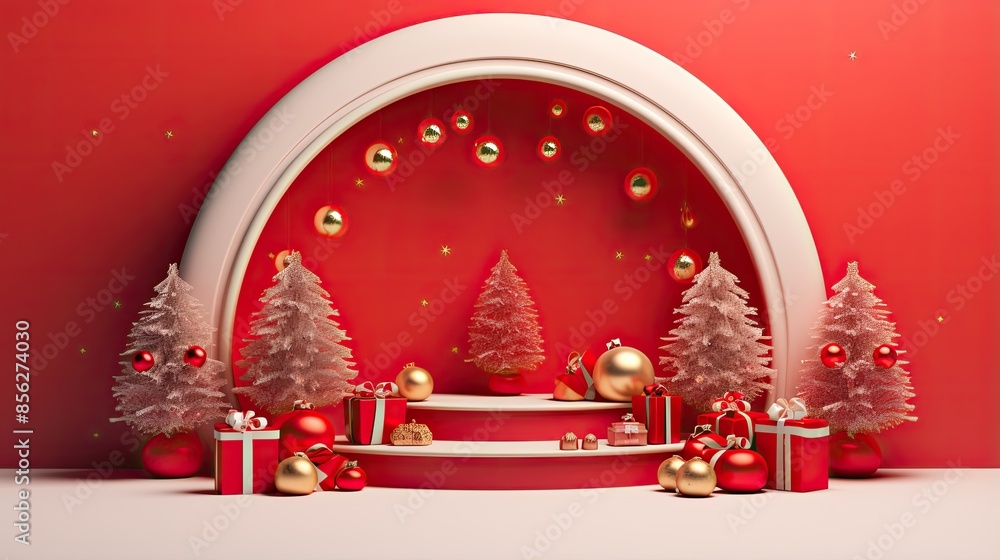 Poster this is a beautiful 3d rendering of a christmas scene. the image features a red background with a wh