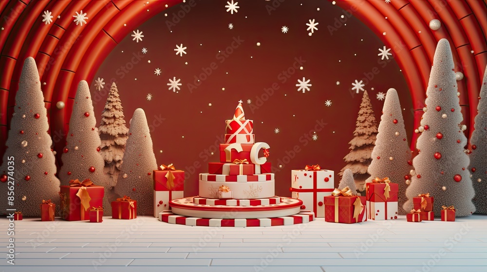 Poster this is a 3d rendering of a christmas scene. the image shows a red background with a large, decorate