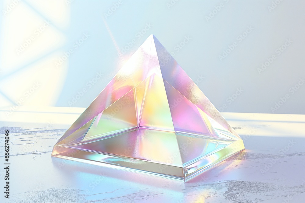 Aufkleber futuristic 3d rendering of an iridescent glass pyramid floating on a clean white background, emphasi