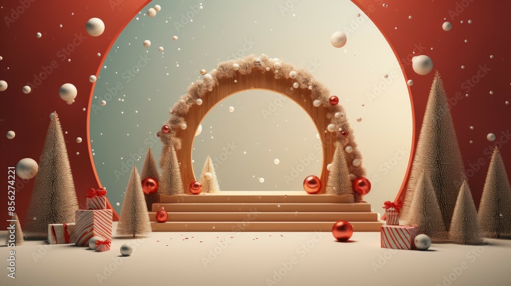 Poster this is a 3d rendering of a christmas-themed background. the image features a large, circular archwa