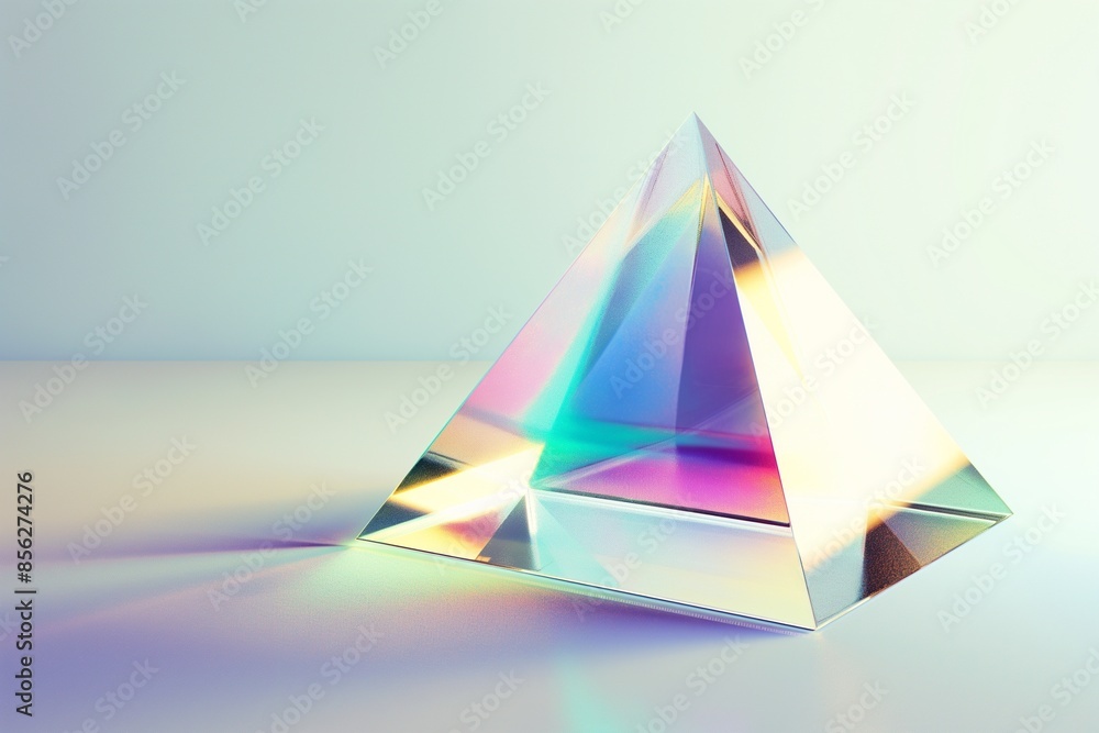 Poster futuristic 3d rendering of an iridescent glass pyramid floating on a clean white background, emphasi