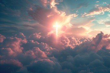 Fototapeta premium Bright Christian cross in sky symbolizes love hope freedom.