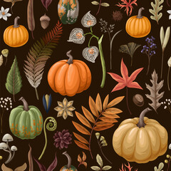 Seamless pattern with pumpkins and autumn elements. Vector.