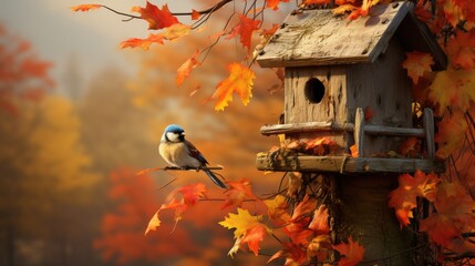 A beautiful bird house with autumn leaves 