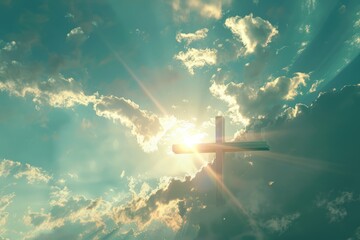Bright Christian cross in sky symbolizes love  hope  freedom.