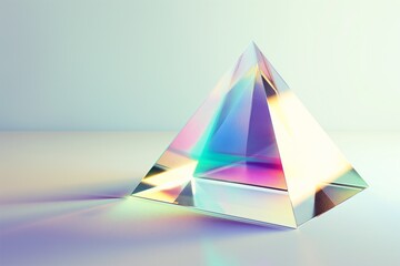 Futuristic 3D rendering of an iridescent glass pyramid floating on a clean white background, emphasizing its smooth, reflective surfaces and color transitions