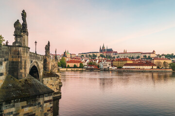 Fototapeta premium Prague Castle with Charles bridge at sunrise, Prague, Czech Republic, Europe.