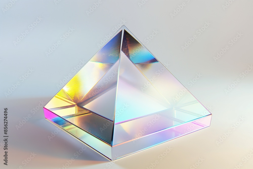 Aufkleber futuristic 3d rendering of an iridescent glass pyramid floating on a clean white background, emphasi