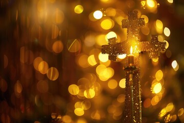 Christmas card background  Blur gold cross symbol for christian and catholic