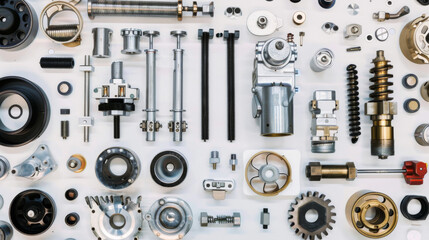 A flat lay of various mechanical parts laid out neatly on a white surface, showcasing the intricacies and variety of components.