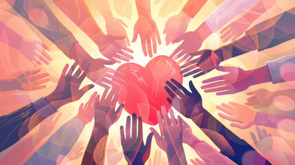 Hands reaching towards a heart illustration, symbolizing community, care, and unity, with warm and vibrant colors expressing love and solidarity.