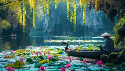 Fototapeta premium AI generator image of An old man is fishing on a boat and a cormorant is nearby. ,The boat floats in the middle of a lotus pond with very beautiful yellow wisteria flowers.