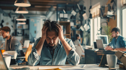 A stressed office worker with a disheveled appearance, holding his head in frustration, surrounded by a busy work environment with colleagues.