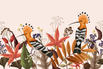 Border with hoopoe bird, autumn leaves and branches. Vector. © Yumeee