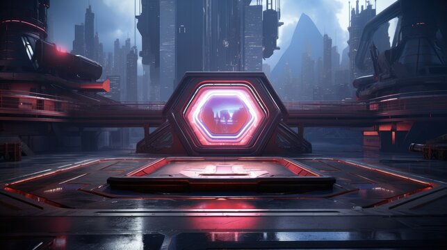 The image is a dark and futuristic sci-fi scene. A large hexagonal portal is in the center of the image, with a bright light coming from it.